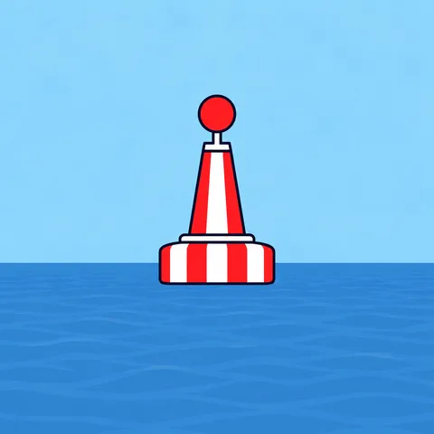 StandOn revision card illustration of a red and white vertically striped safe water mark with a red sphere topmark, on a blue sea under a pale sky.