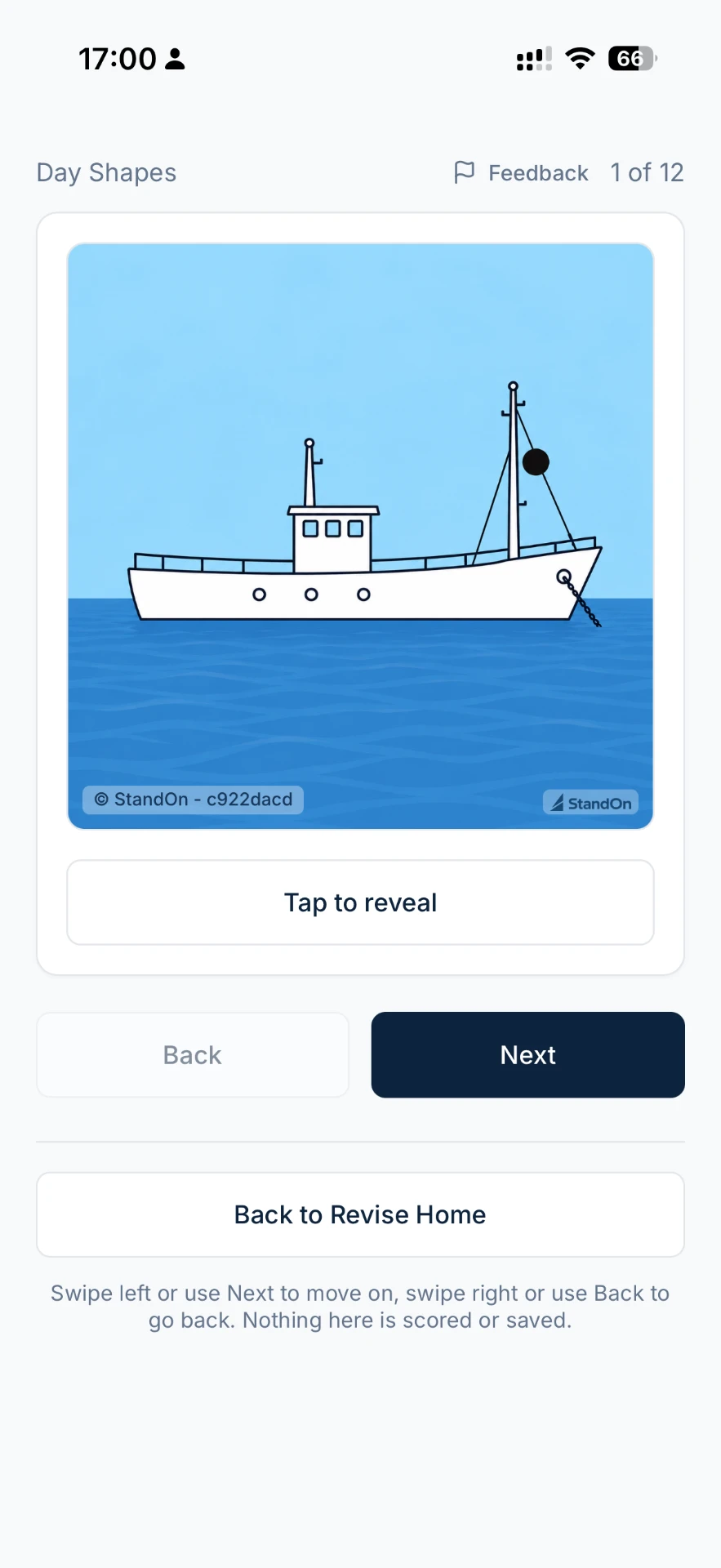 StandOn Revise flashcard showing a day shape illustration with Tap to reveal