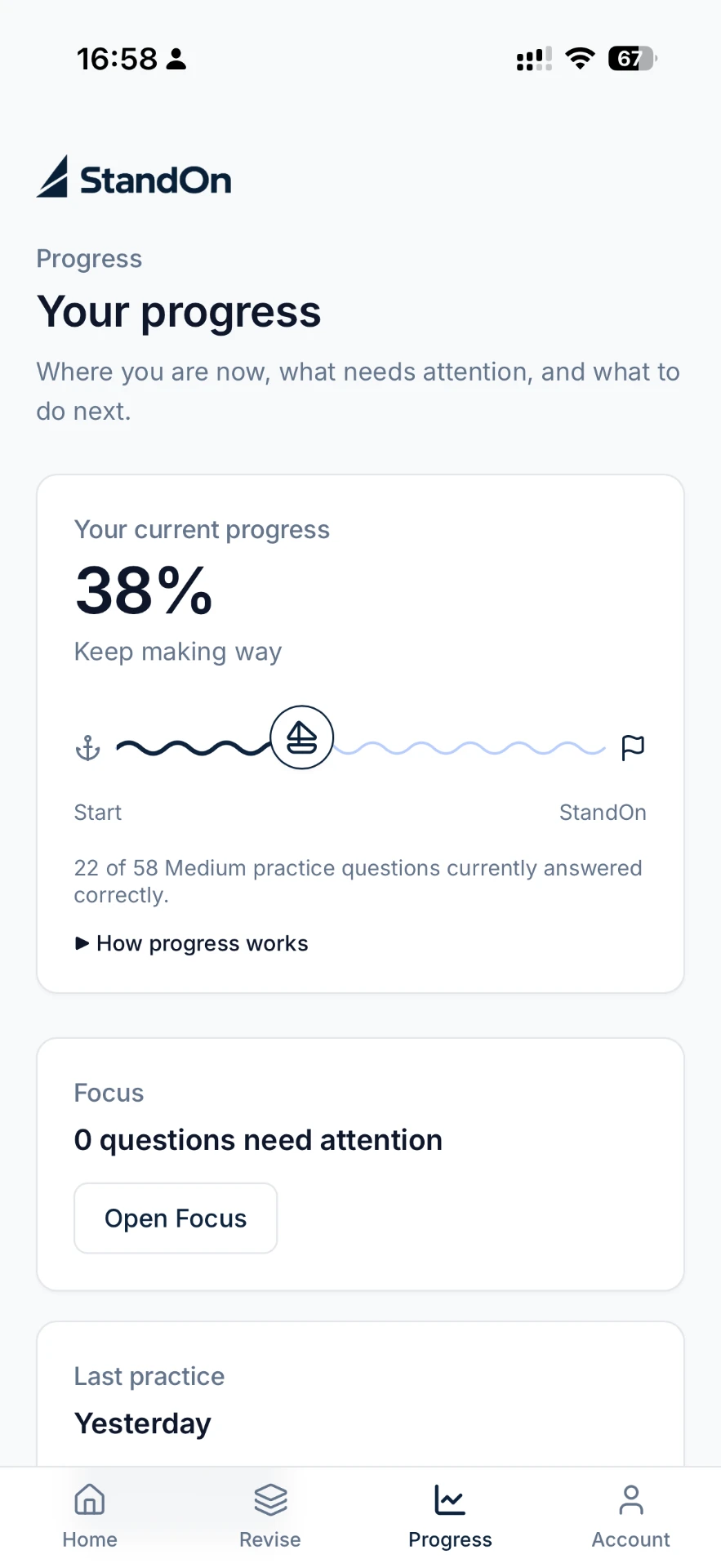 StandOn progress screen showing current progress and questions that need attention