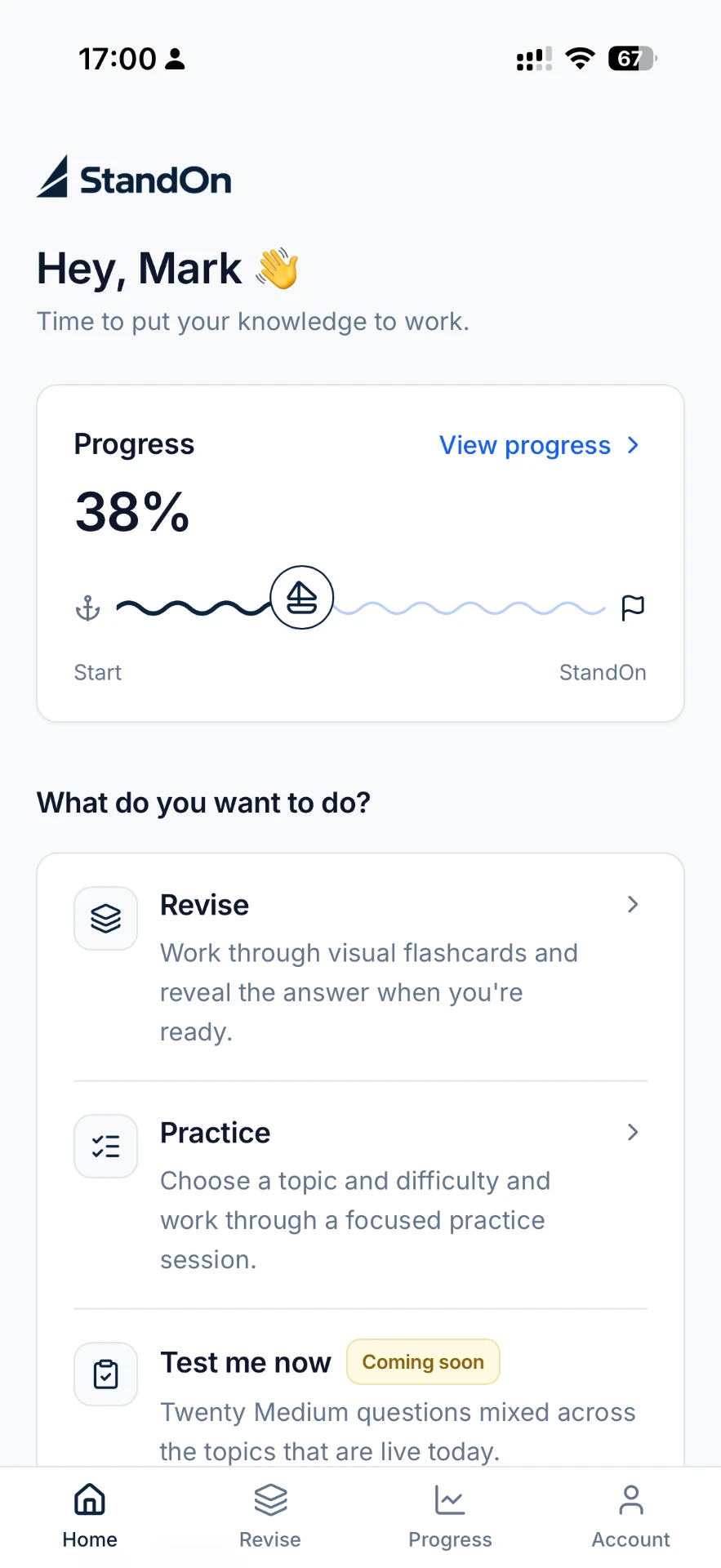 StandOn home screen showing progress and the Revise and Practice options