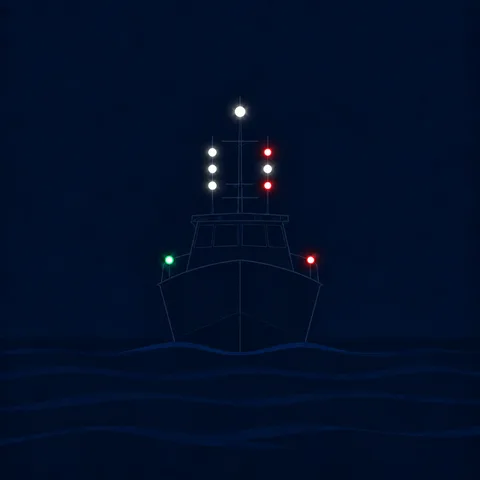 StandOn revision card illustration of a vessel at night showing masthead lights, red-white-red all-round lights and sidelights.