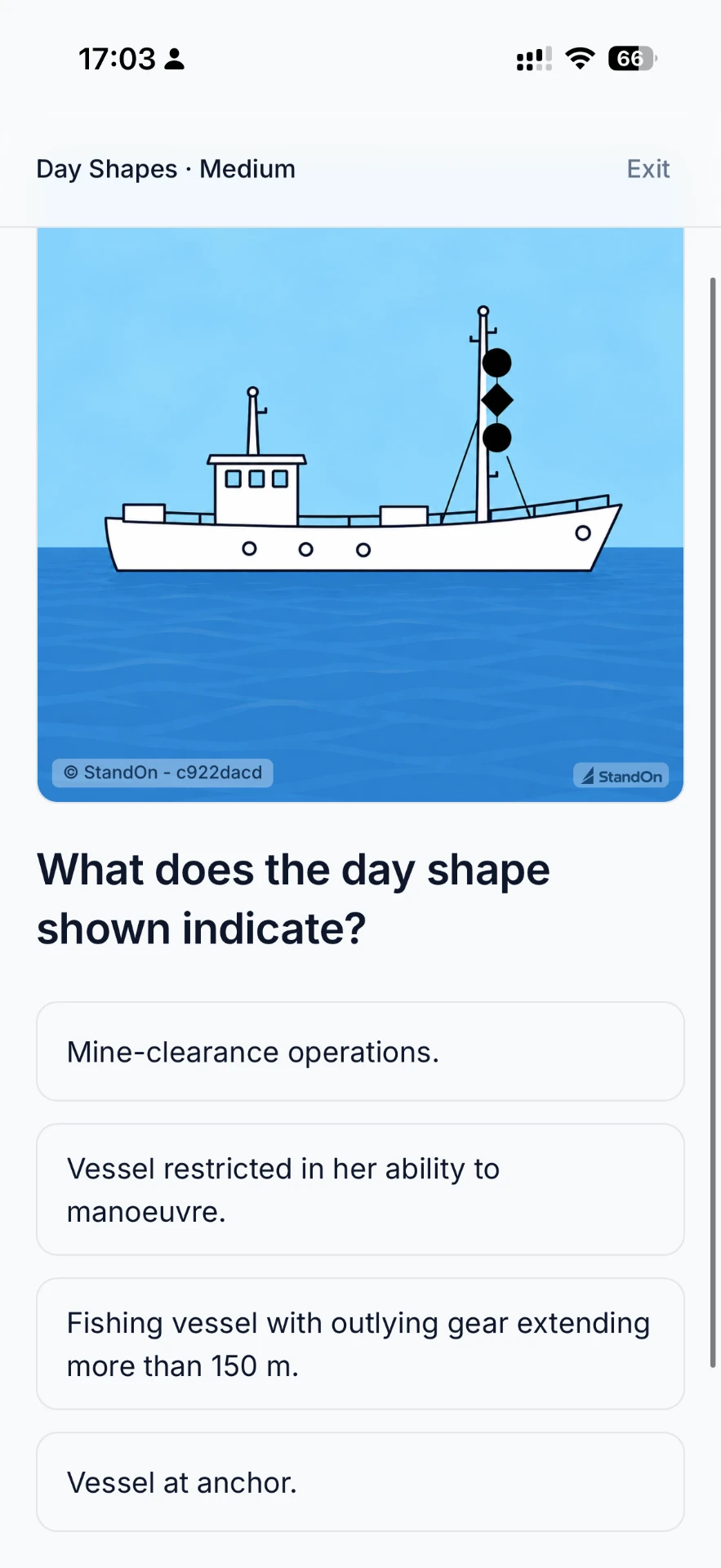 StandOn practice question asking what a day shape of ball, diamond, ball indicates, with four answer options